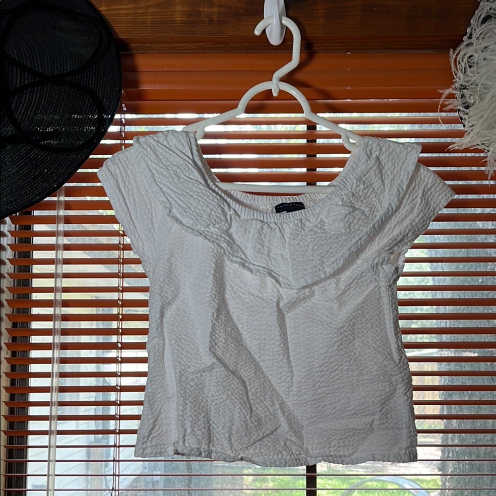 French Toast Gray Cream Ruffled Bib Collar Blouse